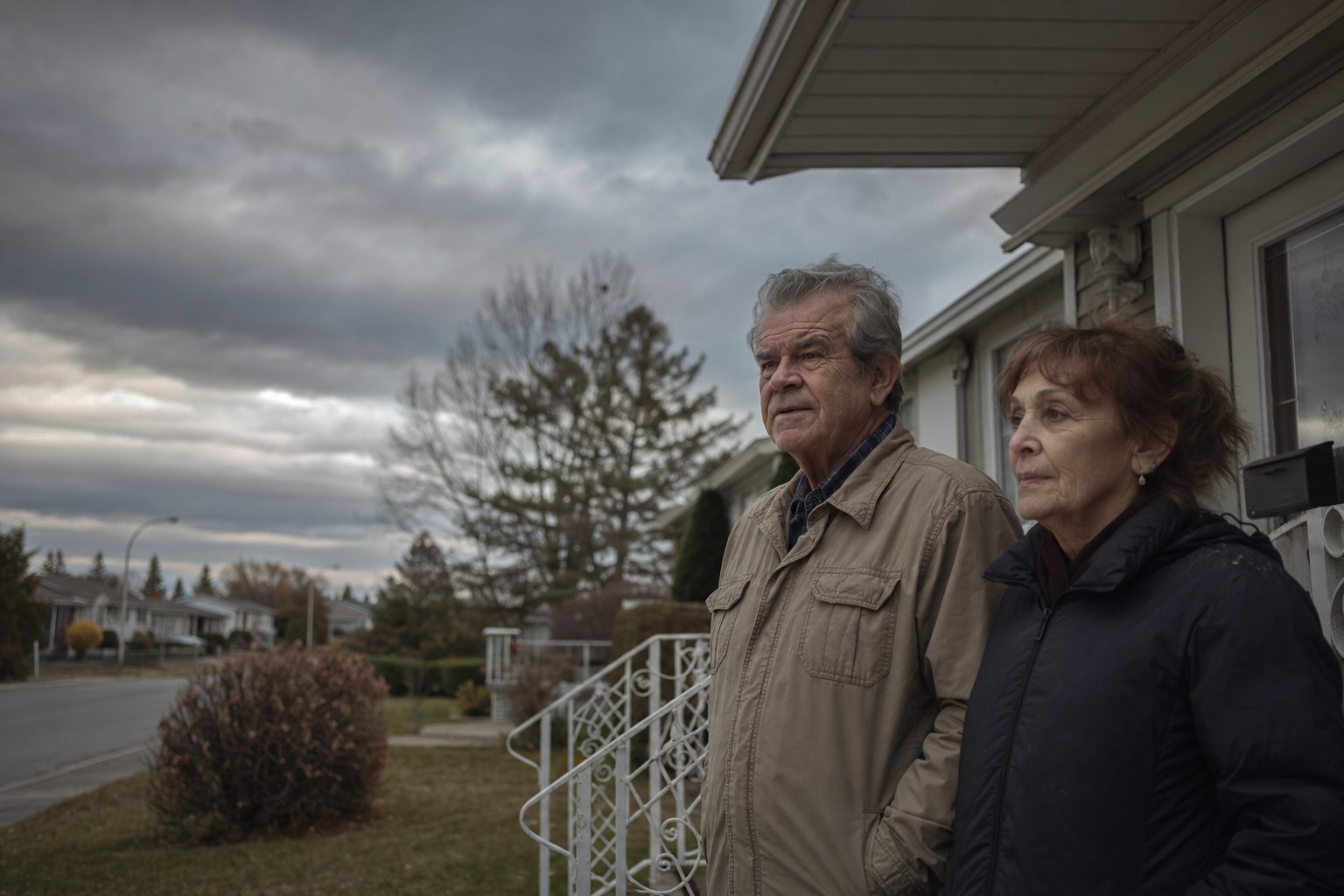 Un couple de retraités debout sur le perron de la maison qu'ils habitent depuis des décennies.