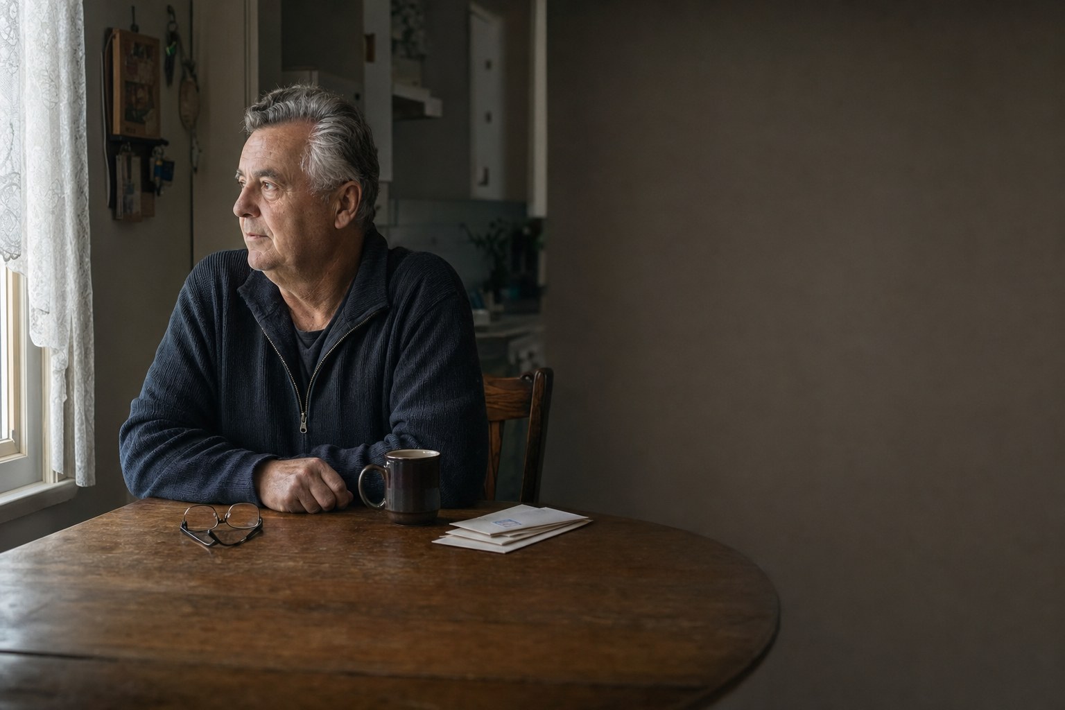 Un retraité remplit un formulaire à sa table de cuisine.