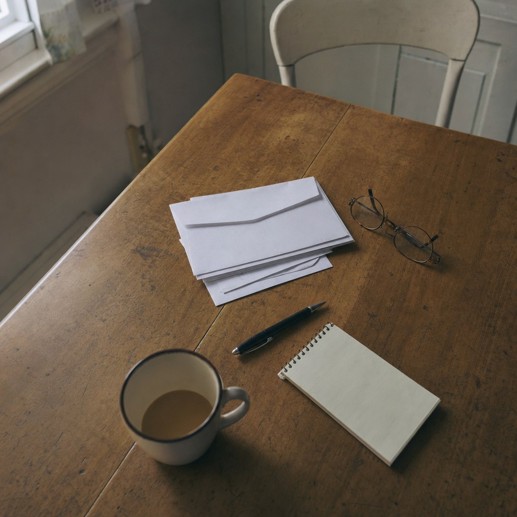 Table de cuisine avec quelques enveloppes non ouvertes, des lunettes de lecture et une tasse de thé.