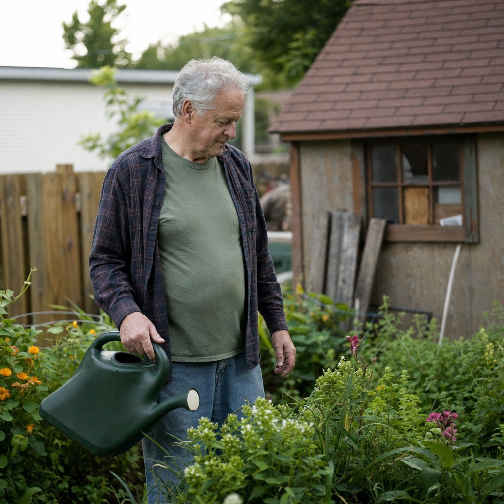 Le même homme dans son jardin le matin, un arrosoir à la main.