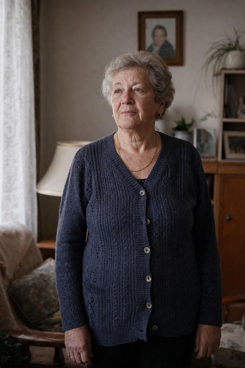 Une femme dans la soixantaine avancée, chez elle, calme.
