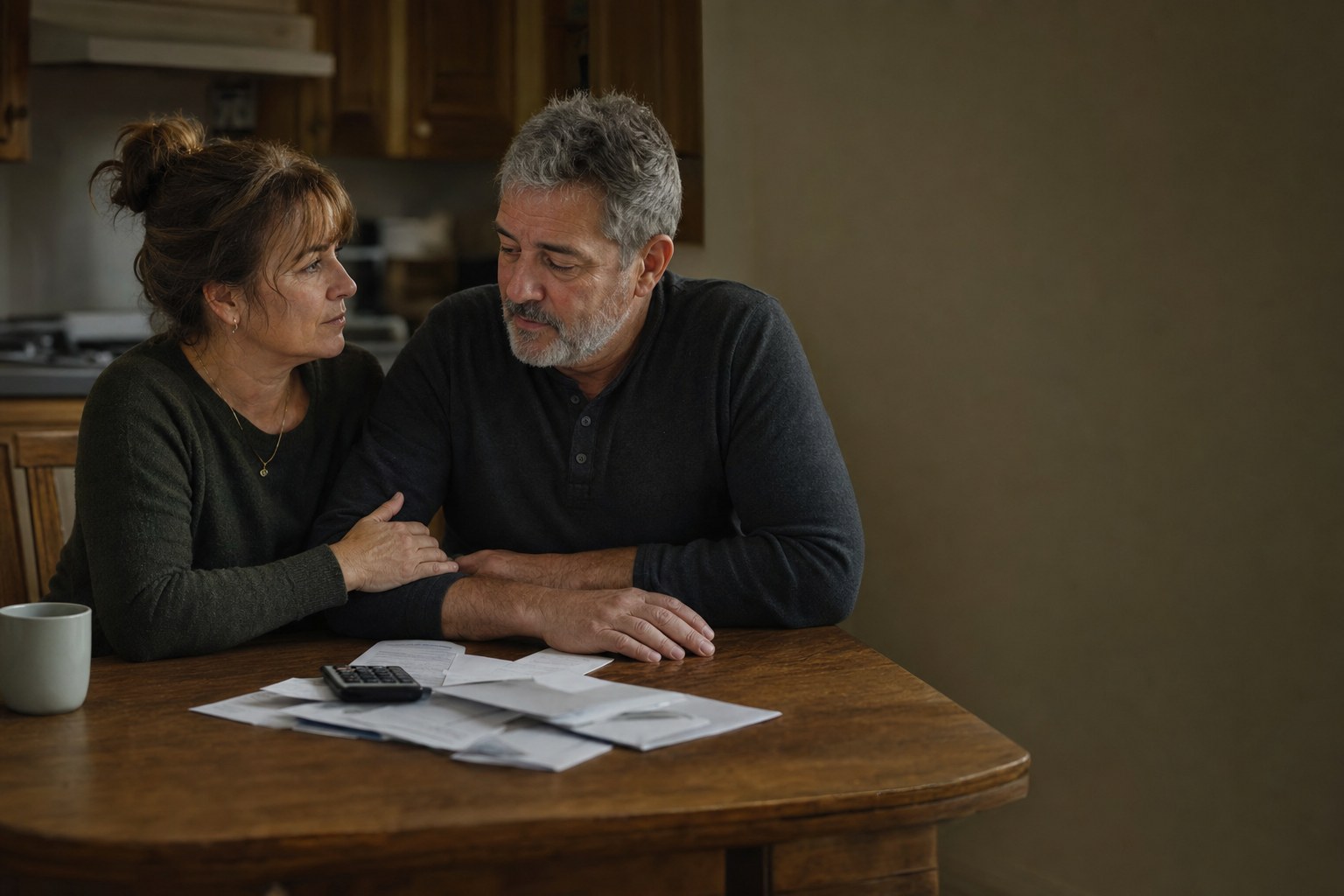 Un couple dans la cinquantaine assis à la table de leur cuisine, en train de faire le point sur leurs comptes.