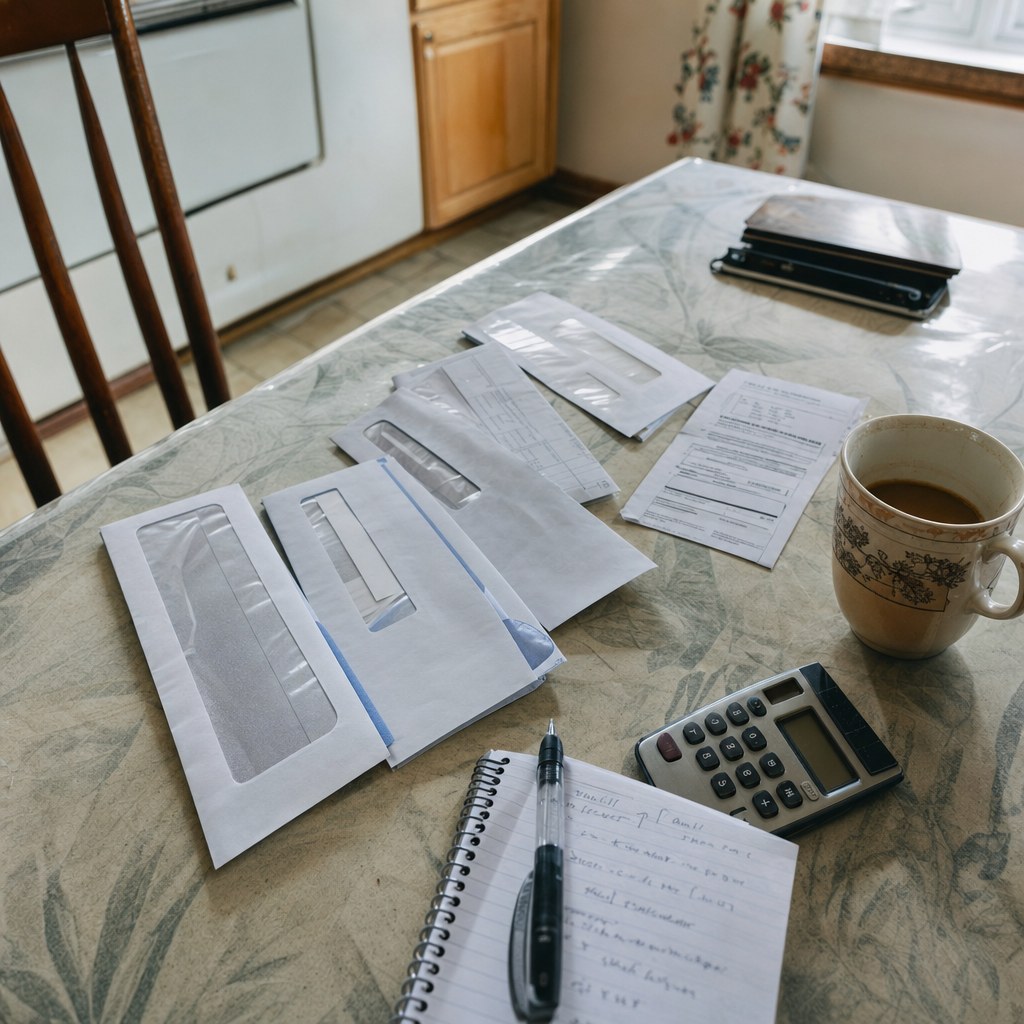 Table de cuisine avec plusieurs relevés ouverts, une calculatrice et un bloc-notes.