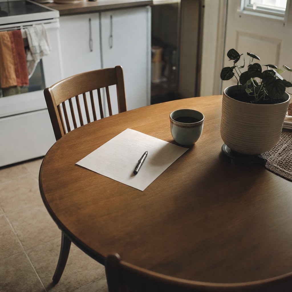 La même table, dégagée, avec un seul document et une tasse de café.