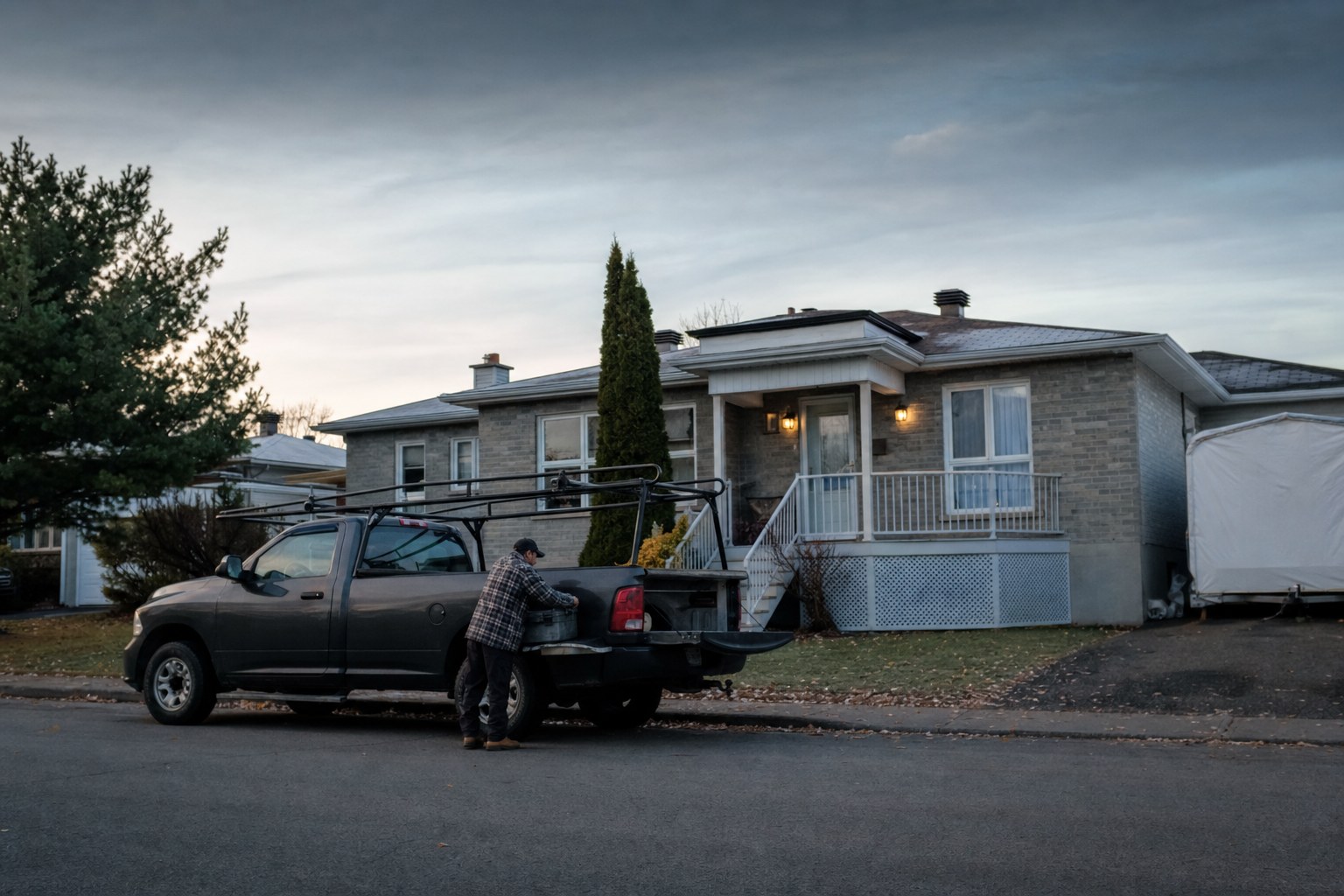 Une camionnette de travail stationnée devant une maison de banlieue québécoise au petit matin.