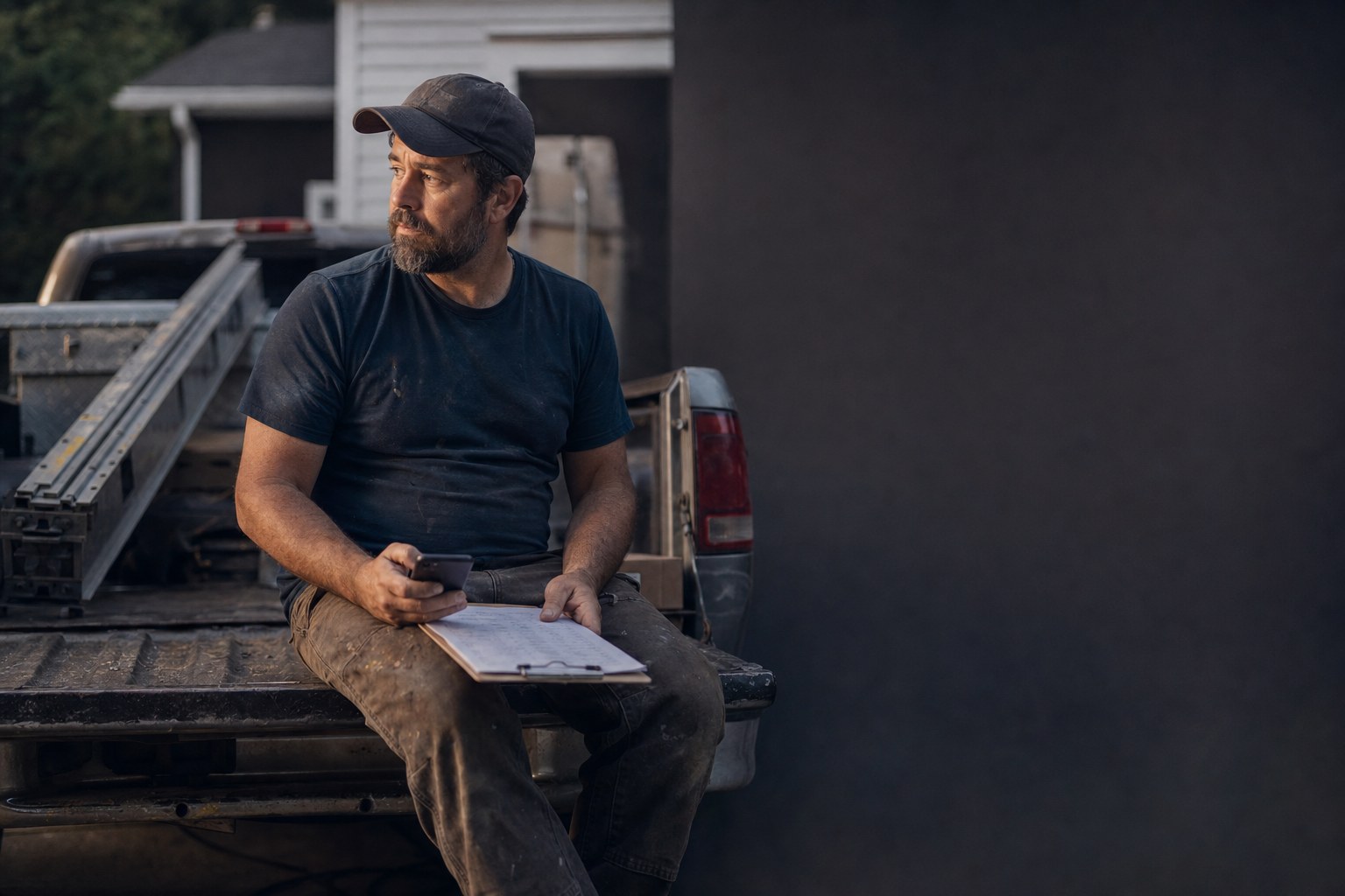 Un entrepreneur remplit un formulaire sur son téléphone, appuyé sur sa camionnette.