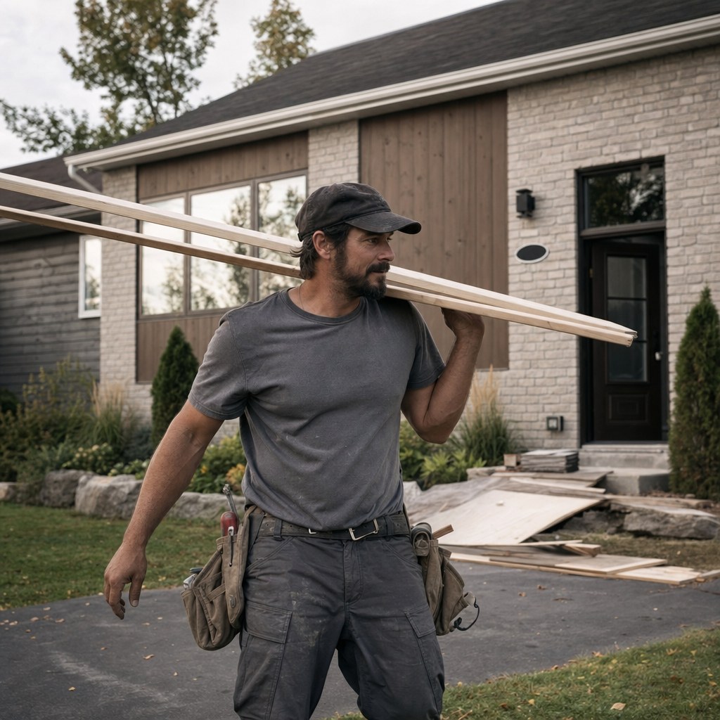 Le même entrepreneur sur un chantier résidentiel, au travail, le matin.