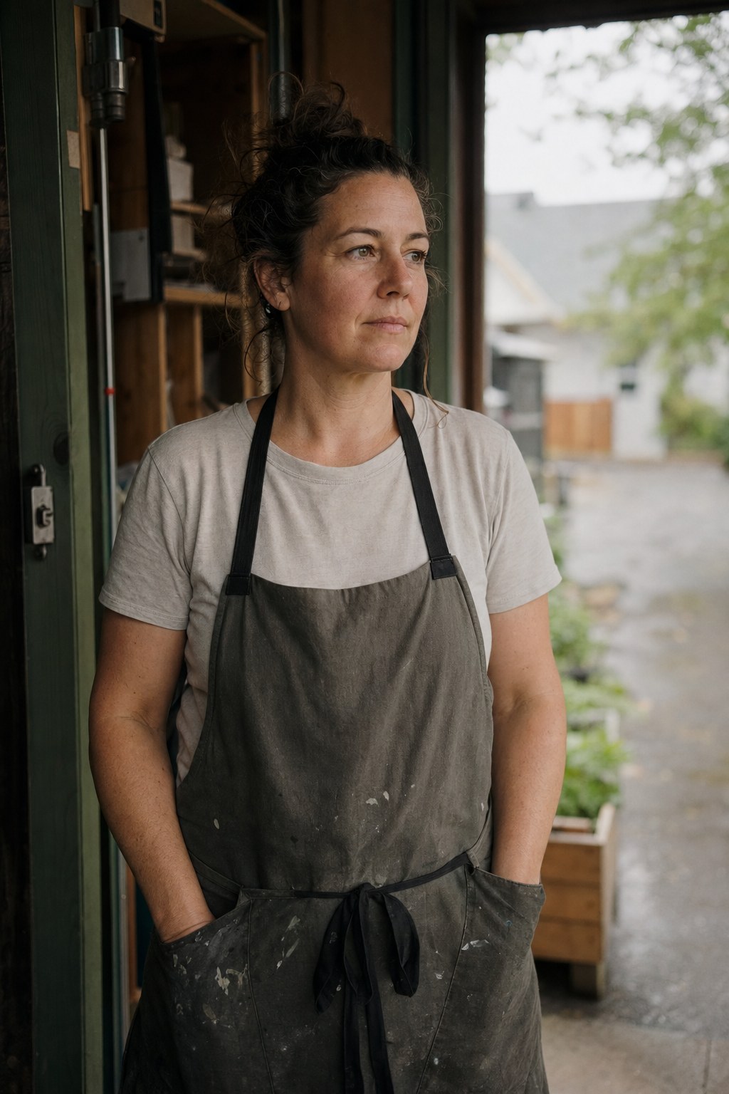 Une entrepreneure dans la quarantaine devant son atelier.