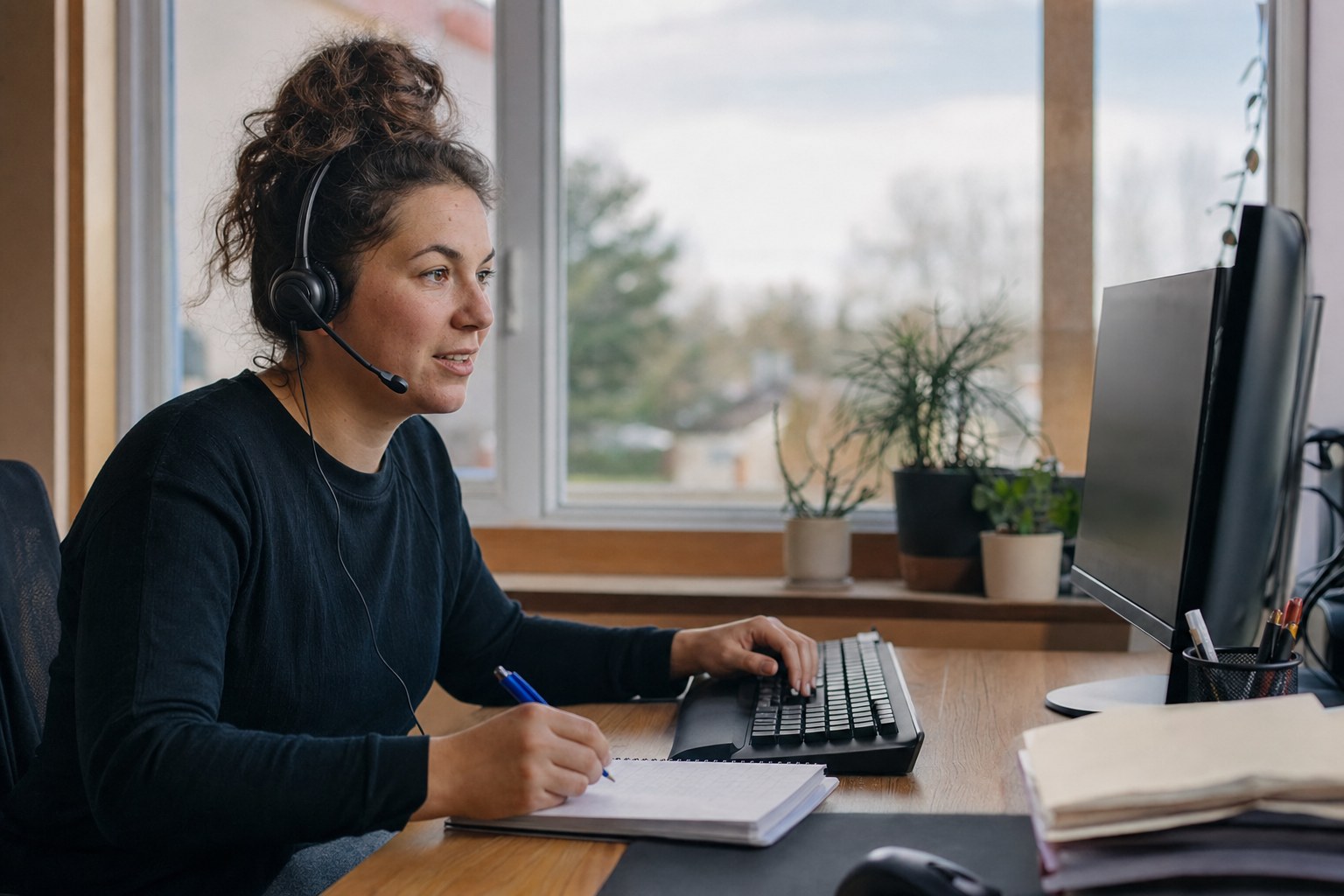 Une analyste au téléphone dans un bureau ordinaire.
