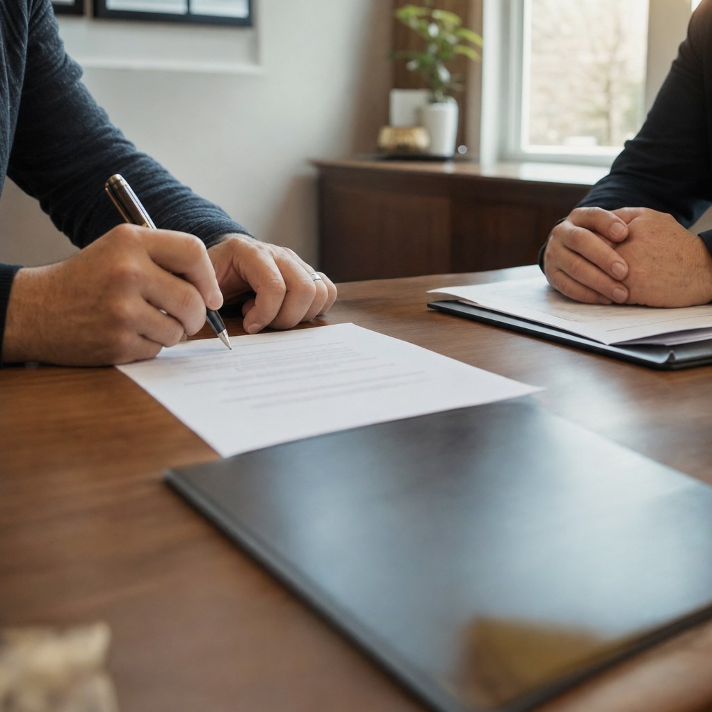Deux mains signant un document chez le notaire.